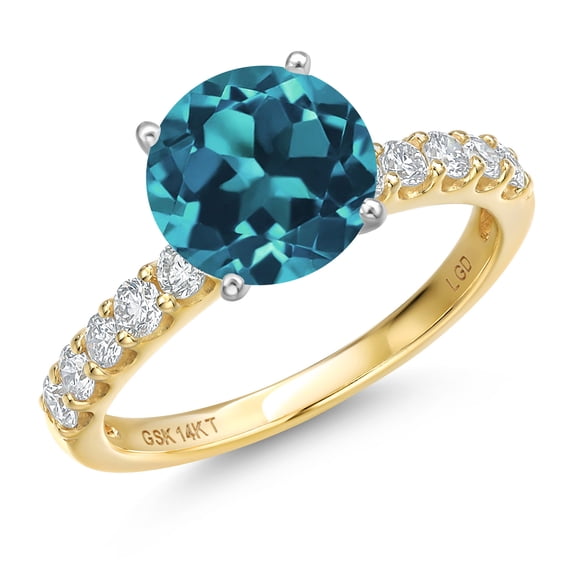 Gem Stone King 14K Two Tone Gold London Blue Topaz and Lab Grown Diamond Engagement Ring for Women | 2.08 Cttw | Round 7MM | Gemstone November Birthstone | Size 9