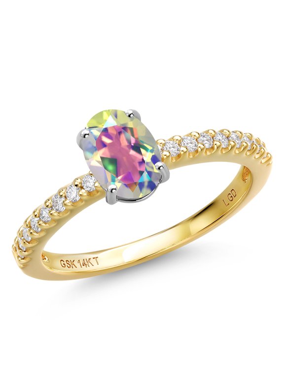 14K Two Tone Gold Mercury Mist Mystic Topaz and Lab Grown Diamond Engagement Ring for Women | 1.16 Cttw | Oval 7X5MM | Gemstone November Birthstone | Size 8