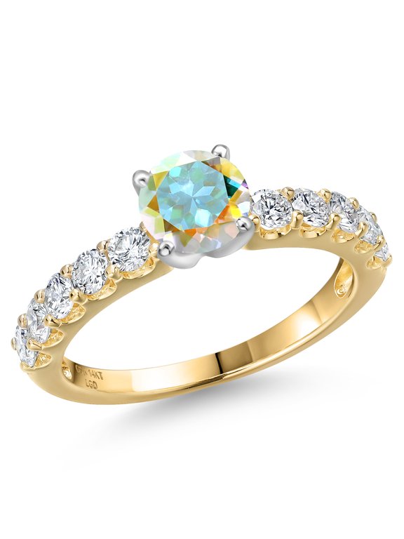 14K Two Tone Gold Mercury Mist Mystic Topaz and Lab Grown Diamond Engagement Ring for Women | 1.20 Cttw | Round 5MM | Gemstone November Birthstone | Size 7