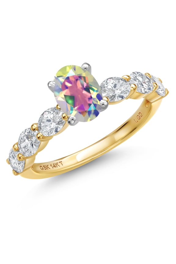 14K Two Tone Gold Mercury Mist Mystic Topaz and Lab Grown Diamond Engagement Ring for Women | 1.90 Cttw | Oval 7X5MM | Gemstone November Birthstone | Size 5