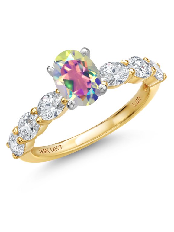 14K Two Tone Gold Mercury Mist Mystic Topaz and Lab Grown Diamond Engagement Ring for Women | 1.90 Cttw | Oval 7X5MM | Gemstone November Birthstone | Size 8