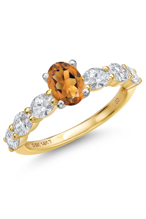 14K Two Tone Gold Orange Red Madeira Citrine and Lab Grown Diamond Engagement Ring for Women | 1.30 Cttw | Oval 6X4MM | Gemstone November Birthstone | Size 5