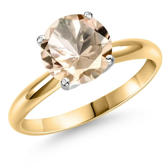 Gem Stone King 14K Two Tone Gold Peach Morganite Solitaire Engagement Ring for Women | 1.70 Cttw | Round 8MM | Gemstone October Birthstone | Size 7