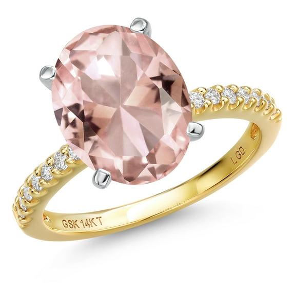 Gem Stone King 14K Two Tone Gold Peach Nano Morganite and Lab Grown Diamond Engagement Ring for Women | 4.89 Cttw | Oval 12X10MM | Gemstone October Birthstone | Size 7