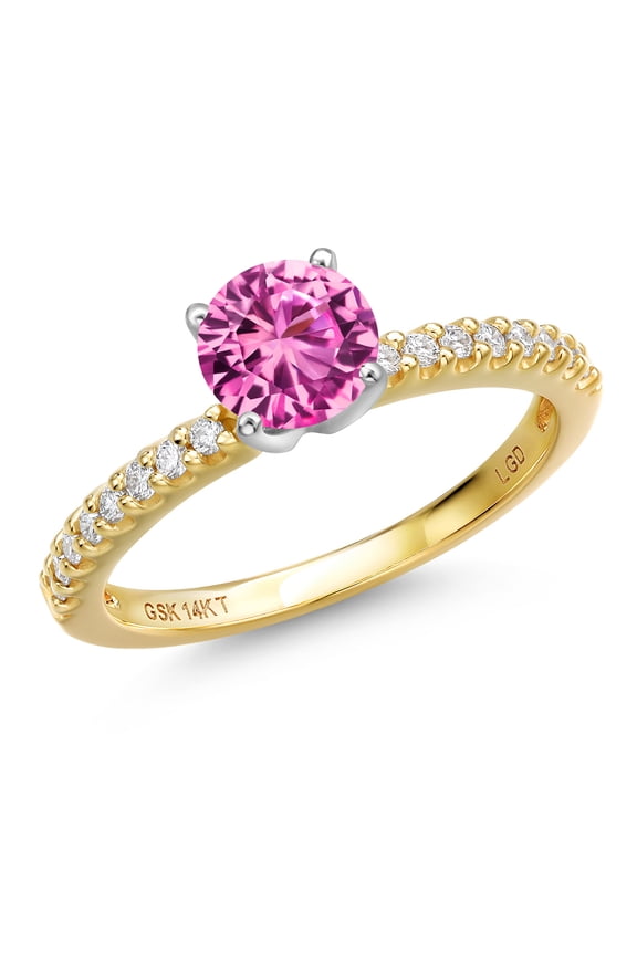 14K Two Tone Gold Pink Created Sapphire and Lab Grown Diamond Engagement Ring for Women | 1.16 Cttw | Round 6MM | Gemstone September Birthstone | Size 9