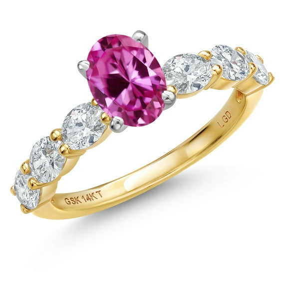 Gem Stone King 14K Two Tone Gold Pink Created Sapphire and Lab Grown Diamond Engagement Ring for Women | 1.80 Cttw | Oval 7X5MM | Gemstone September Birthstone | Size 9