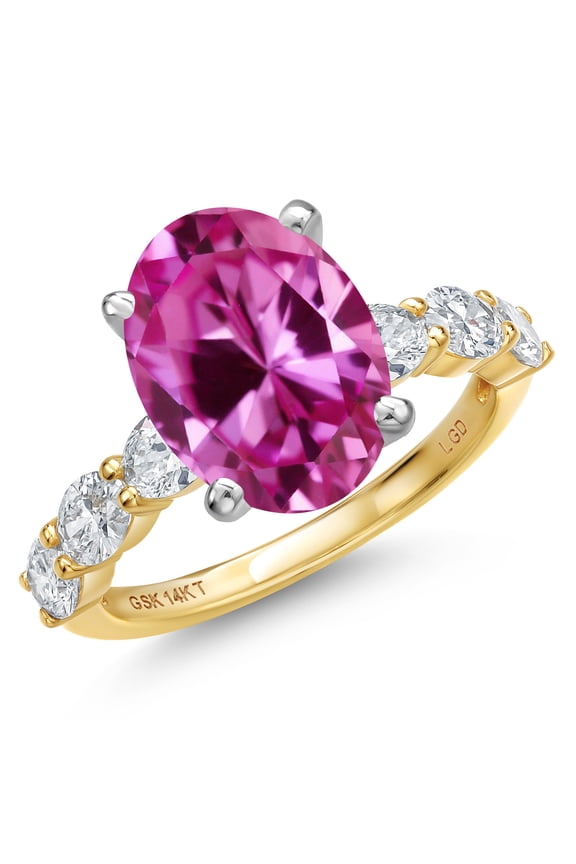 14K Two Tone Gold Pink Created Sapphire and Lab Grown Diamond Engagement Ring for Women | 8.40 Cttw | Oval 12X10MM | Gemstone September Birthstone | Size 8 | Size 8
