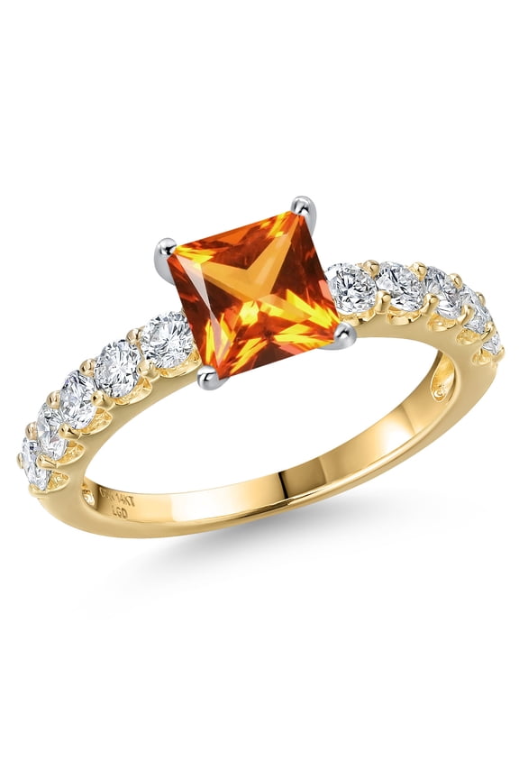 14K Two Tone Gold Poppy Topaz and Lab Grown Diamond Engagement Ring for Women | 1.95 Cttw | Princess 6MM | Gemstone November Birthstone | Size 6