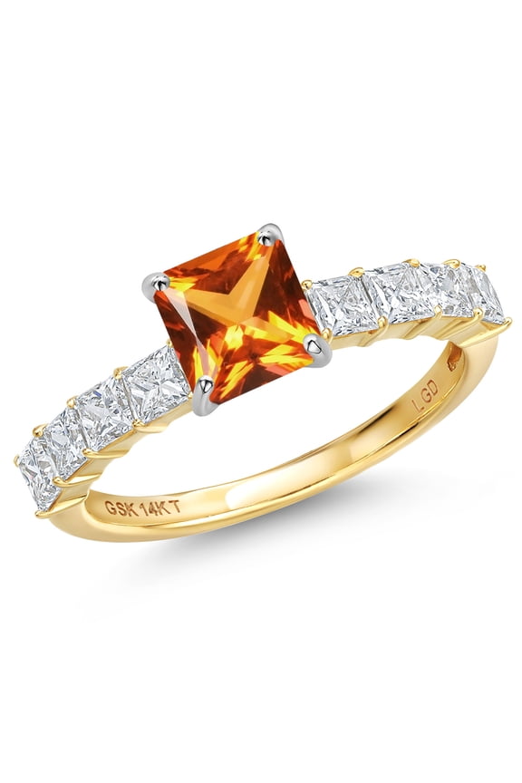 14K White And Yellow Gold Poppy Topaz and Lab Grown Diamond Engagement Ring for Women | 2.26 Cttw | Princess 6MM | Gemstone November Birthstone | Size 9