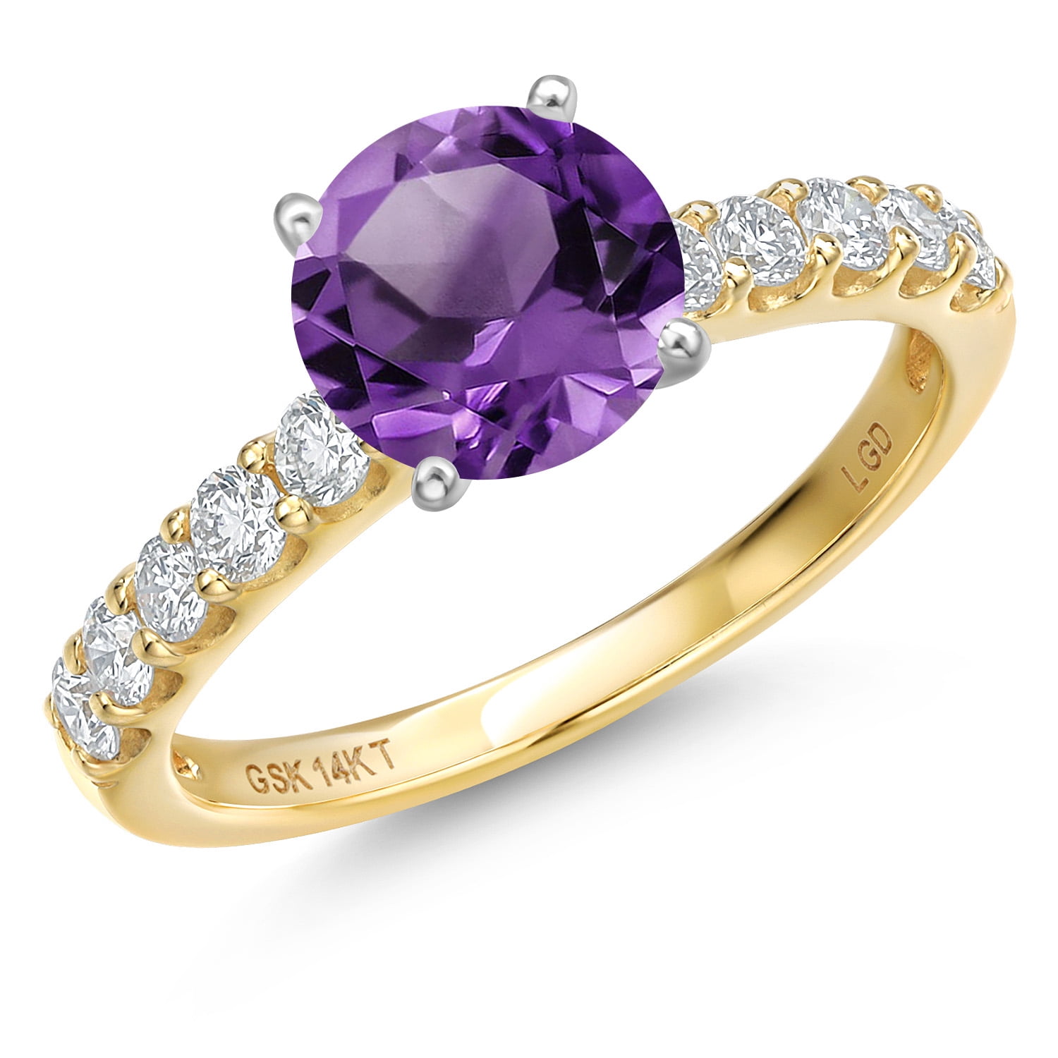 Gem Stone King 14K Two Tone Gold Purple Amethyst and Lab Grown Diamond Engagement Ring for Women | 1.38 Cttw | Round 6MM | Gemstone February Birthstone | Size 6
