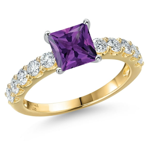 Gem Stone King 14K Two Tone Gold Purple Amethyst and Lab Grown Diamond Engagement Ring for Women | 1.63 Cttw | Princess 6MM | Gemstone February Birthstone | Size 6