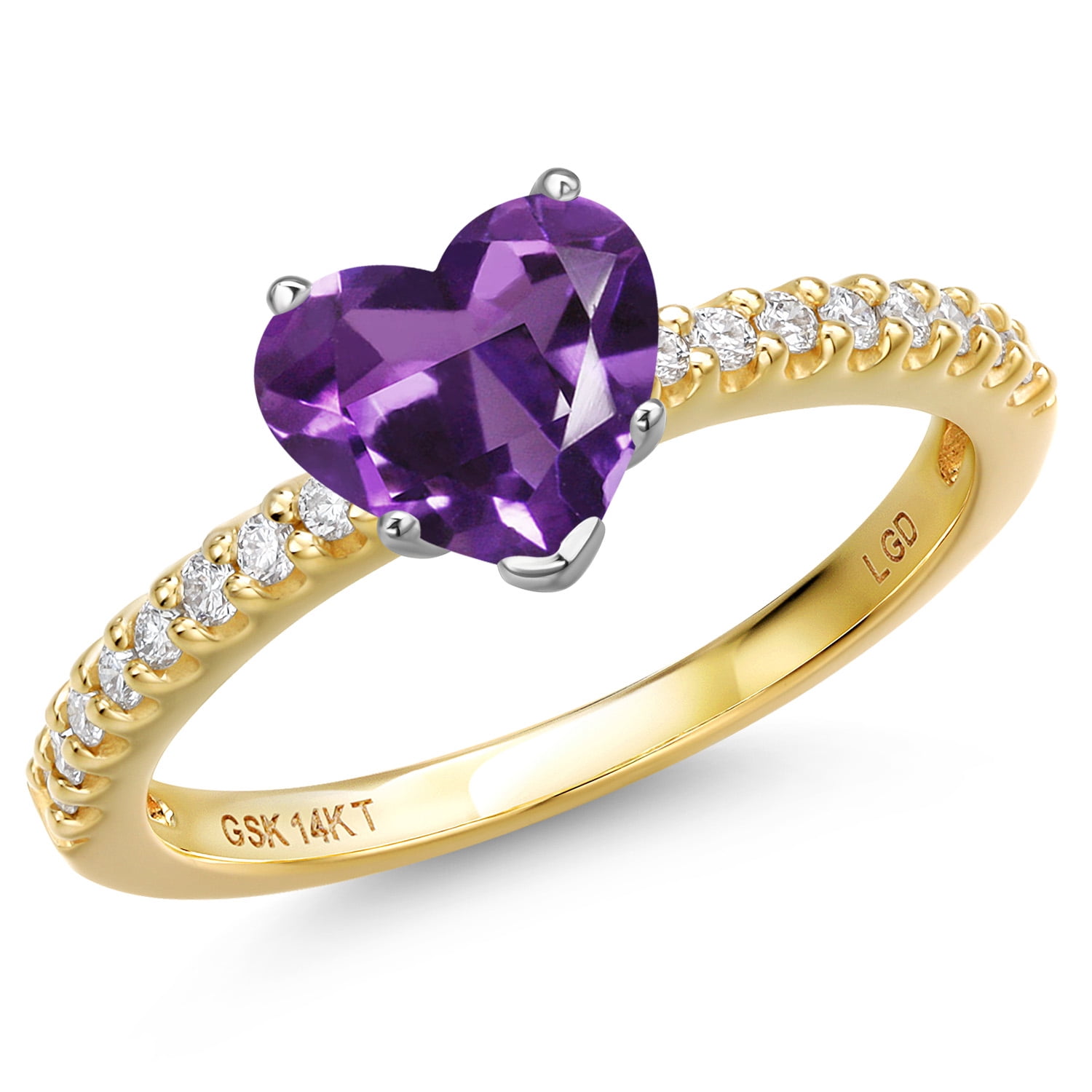 Gem Stone King 14K Two Tone Gold Purple Amethyst and Lab Grown Diamond Engagement Ring for Women | 1.76 Cttw | Heart Shape 8MM | Gemstone February Birthstone | Size 6