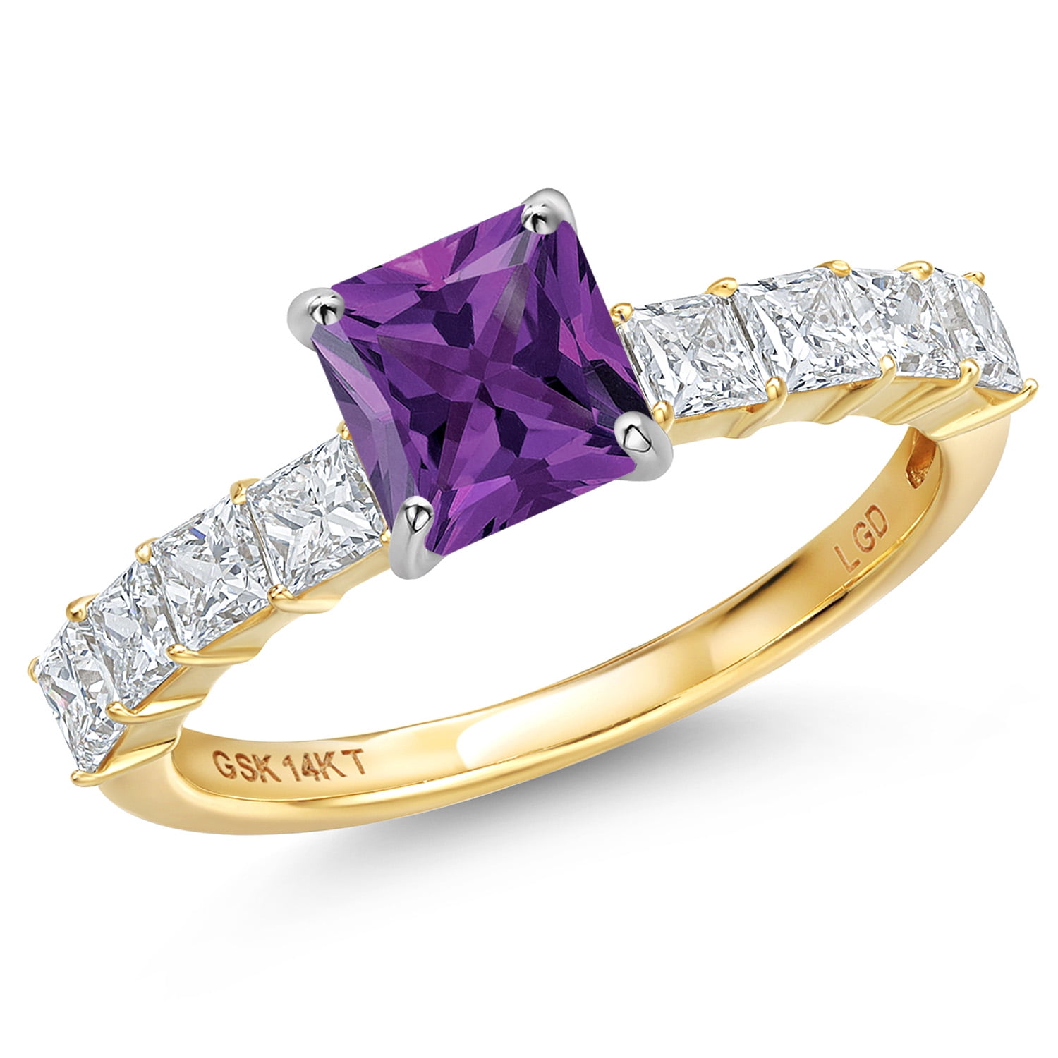 Gem Stone King 14K White And Yellow Gold Purple Amethyst and Lab Grown Diamond Engagement Ring for Women | 1.94 Cttw | Princess 6MM | Gemstone February Birthstone | Size 9