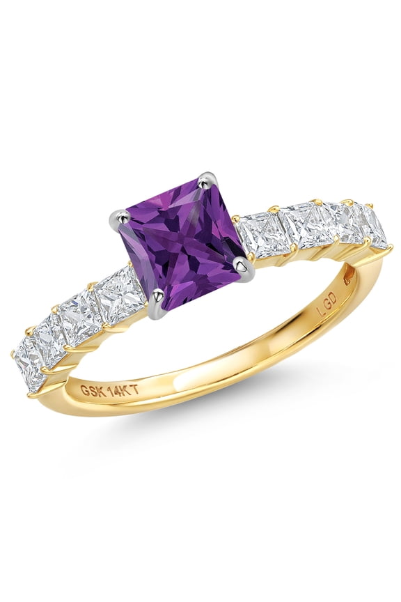14K White And Yellow Gold Purple Amethyst and Lab Grown Diamond Engagement Ring for Women | 2.04 Cttw | Princess 6MM | Gemstone February Birthstone | Size 7