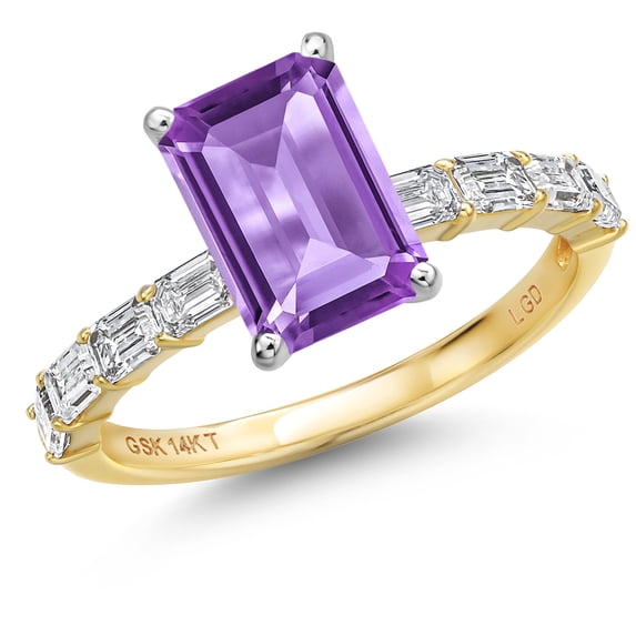 Gem Stone King 14K Two Tone Gold Purple Amethyst and Lab Grown Diamond Engagement Ring for Women | 3.22 Cttw | Emerald Cut 9X7MM | Gemstone February Birthstone | Size 9