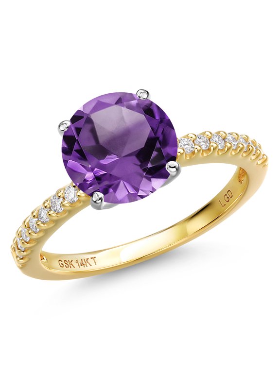 14K Two Tone Gold Purple Amethyst and Lab Grown Diamond Engagement Ring for Women | 3.51 Cttw | Round 10MM | Gemstone February Birthstone | Size 7