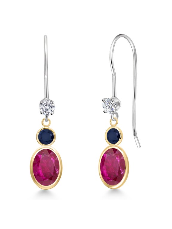 14K Two Tone Gold Red African Ruby and Blue Sapphire and Lab Grown Diamond Dangle Earrings for Women | 2.18 Cttw | Gemstone July Birthstone | Oval 7X5MM
