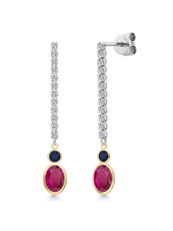 14K Two Tone Gold Red African Ruby and Blue Sapphire and Lab Grown Diamond Dangle Earrings for Women | 2.52 Cttw | Gemstone July Birthstone | Oval 7X5MM