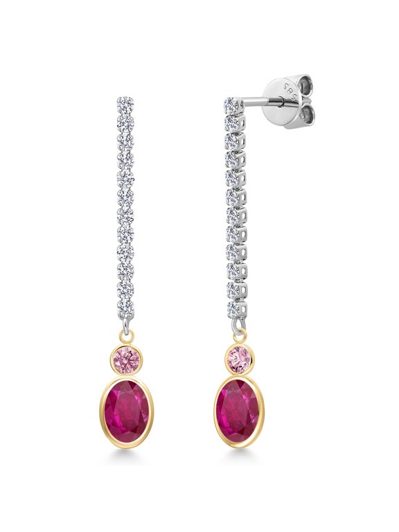 14K Two Tone Gold Red African Ruby and Pink Lab Grown Diamond and Lab Grown Diamond Dangle Earrings for Women | 2.48 Cttw | Gemstone July Birthstone | Oval 7X5MM