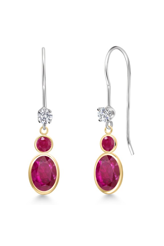 14K Two Tone Gold Red African Ruby and Red Ruby and Lab Grown Diamond Dangle Earrings for Women | 2.19 Cttw | Gemstone July Birthstone | Oval 7X5MM