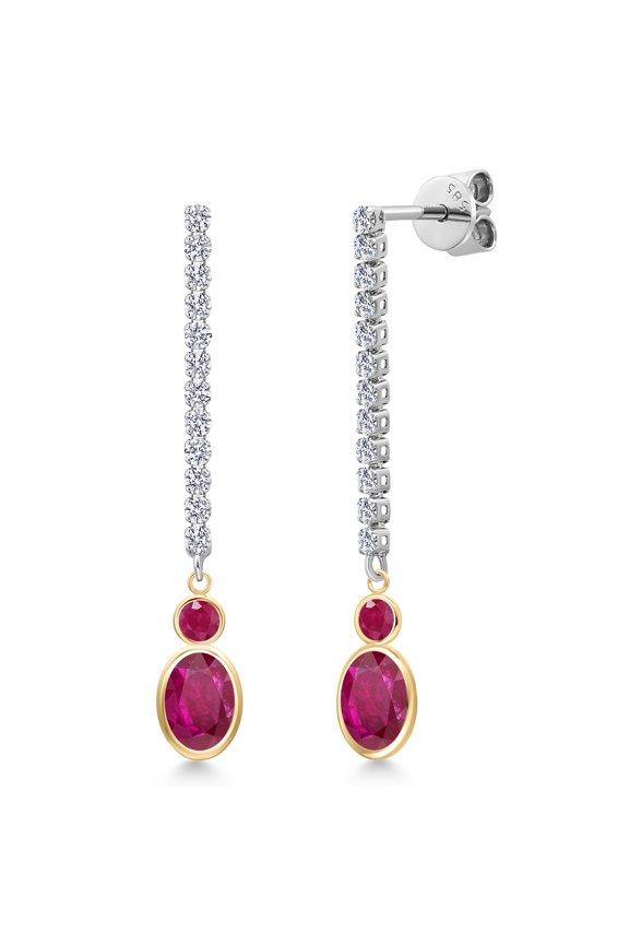 14K Two Tone Gold Red African Ruby and Red Ruby and Lab Grown Diamond Dangle Earrings for Women | 2.53 Cttw | Gemstone July Birthstone | Oval 7X5MM