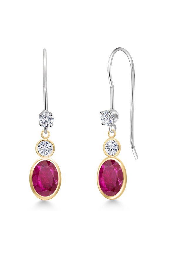 14K Two Tone Gold Red African Ruby and White Moissanite and Lab Grown Diamond Dangle Earrings for Women | 2.08 Cttw | Gemstone July Birthstone | Oval 7X5MM