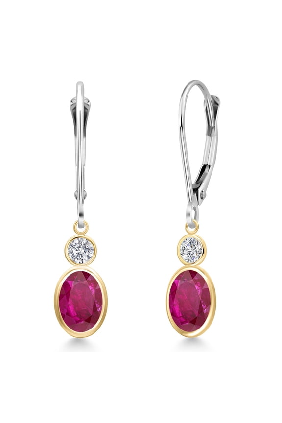 14K Two Tone Gold Red African Ruby and Lab Grown Diamond Dangle Earrings for Women | 1.96 Cttw | Gemstone July Birthstone | Oval 7X5MM