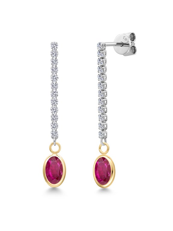 14K Two Tone Gold Red African Ruby and Lab Grown Diamond Dangle Earrings for Women | 2.10 Cttw | Gemstone July Birthstone | Oval 7X5MM