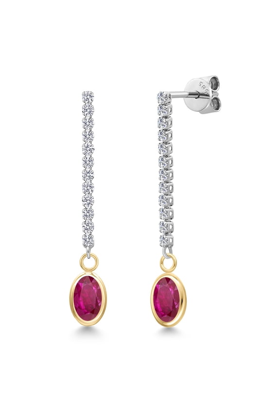 14K Two Tone Gold Red African Ruby and Lab Grown Diamond Dangle Earrings for Women | 2.10 Cttw | Gemstone July Birthstone | Oval 7X5MM