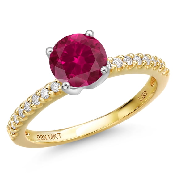Gem Stone King 14K Two Tone Gold Red Created Ruby and Lab Grown Diamond Engagement Ring for Women | 1.71 Cttw | Round 7MM | Gemstone July Birthstone | Size 7