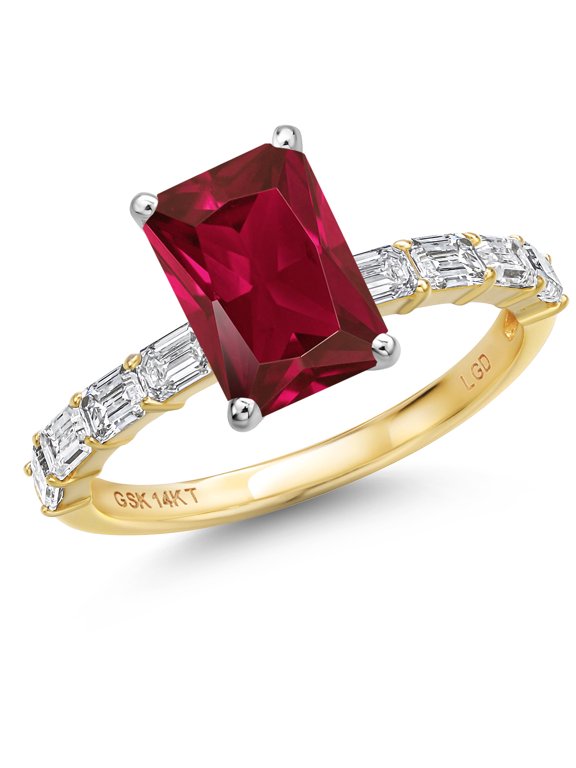 14K Two Tone Gold Red Created Ruby and Lab Grown Diamond Engagement Ring for Women | 3.52 Cttw | Emerald Cut 9X7MM | Gemstone July Birthstone | Size 8