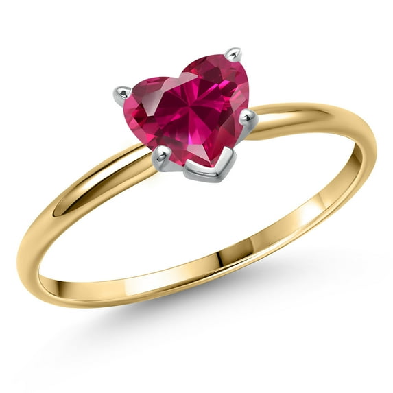 Gem Stone King 14K Two Tone Gold Red Created Ruby Solitaire Engagement Ring for Women | 0.60 Cttw | Heart Shape 5MM | Gemstone July Birthstone | Size 9