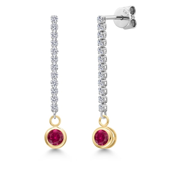 Gem Stone King 14K Two Tone Gold Red Created Ruby and Lab Grown Diamond Earrings for Women | 0.86 Cttw | Gemstone July Birthstone | Round 4MM