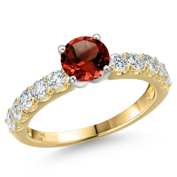 Gem Stone King 14K Two Tone Gold Red Garnet and Lab Grown Diamond Engagement Ring for Women | 1.20 Cttw | Round 5MM | Gemstone January Birthstone | Size 6