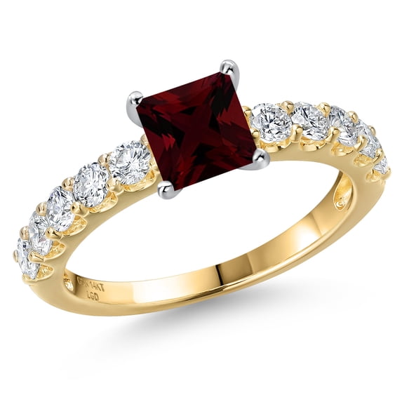 Gem Stone King 14K Two Tone Gold Red Garnet and Lab Grown Diamond Engagement Ring for Women | 1.57 Cttw | Princess 5MM | Gemstone January Birthstone | Size 7