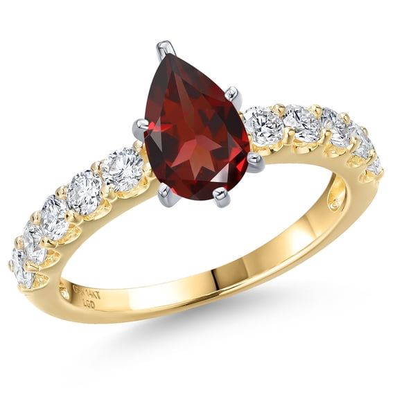 Gem Stone King 14K Two Tone Gold Red Garnet and Lab Grown Diamond Engagement Ring for Women | 2.07 Cttw | Pear Shape 9X6MM | Gemstone January Birthstone | Size 9