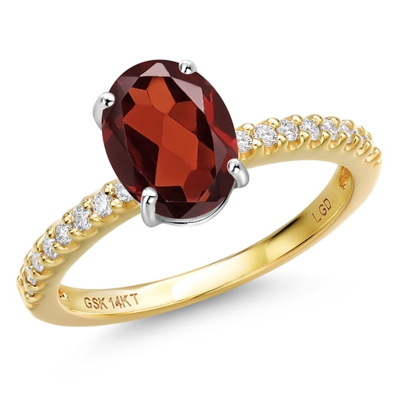 Gem Stone King 14K Two Tone Gold Red Garnet and Lab Grown Diamond Engagement Ring for Women | 2.29 Cttw | Oval 9X7MM | Gemstone January Birthstone | Size 6