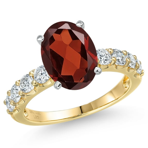 Gem Stone King 14K Two Tone Gold Red Garnet and Lab Grown Diamond Engagement Ring for Women | 4.53 Cttw | Oval 11X9MM | Gemstone January Birthstone | Size 6