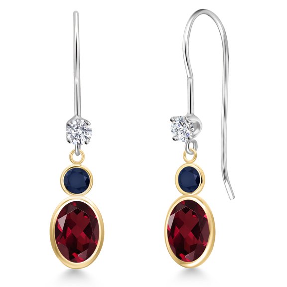 Gem Stone King 14K Two Tone Gold Red Rhodolite Garnet and Blue Sapphire and Lab Grown Diamond Dangle Earrings for Women | 2.24 Cttw | Gemstone January Birthstone | Oval 7X5MM