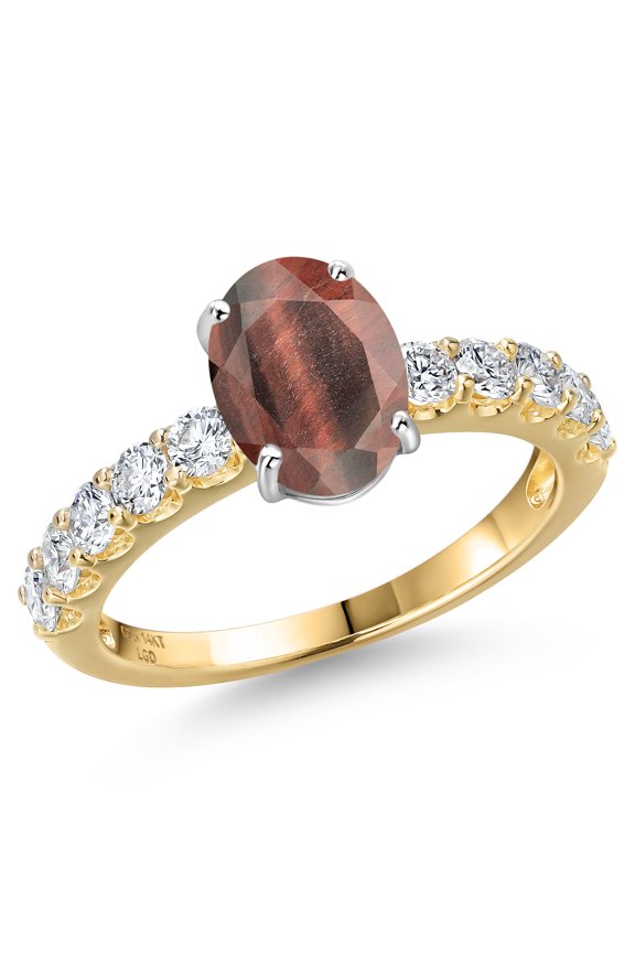 14K Two Tone Gold Red Tiger Eye and Lab Grown Diamond Engagement Ring for Women | 2.15 Cttw | Oval 9X7MM | Gemstone Birthstone | Size 5