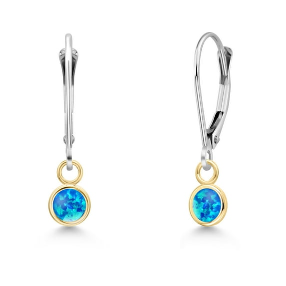 Gem Stone King 14K Two Tone Gold Simulated Blue Opal Earrings for Women | 0.50 Cttw | Gemstone October Birthstone | Round Cabochon 4MM