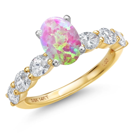 Gem Stone King 14K Two Tone Gold Simulated Pink Opal and Lab Grown Diamond Engagement Ring for Women | 1.95 Cttw | Oval Cabochon 8X6MM | Gemstone October Birthstone | Size 9