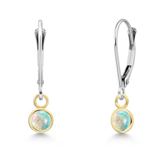 Gem Stone King 14K Two Tone Gold Simulated White Opal Earrings for Women | 0.50 Cttw | Gemstone October Birthstone | Round Cabochon 4MM