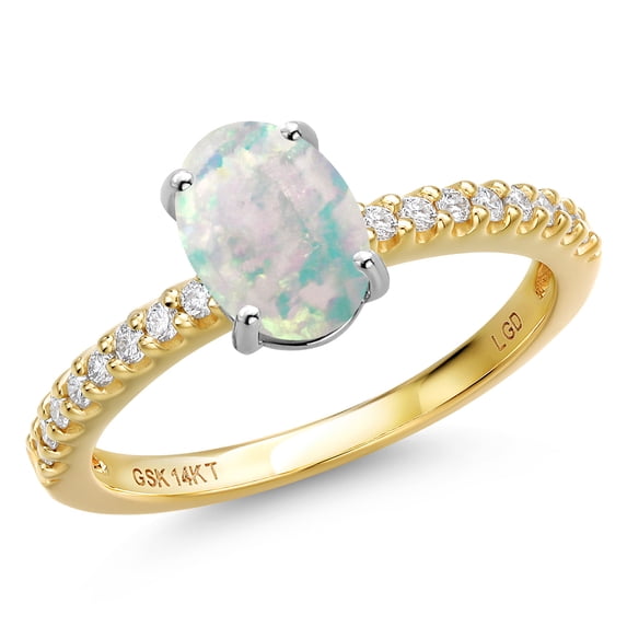 Gem Stone King 14K Two Tone Gold Simulated White Opal and Lab Grown Diamond Engagement Ring for Women | 1.16 Cttw | Oval Cabochon 8X6MM | Gemstone October Birthstone | Size 7