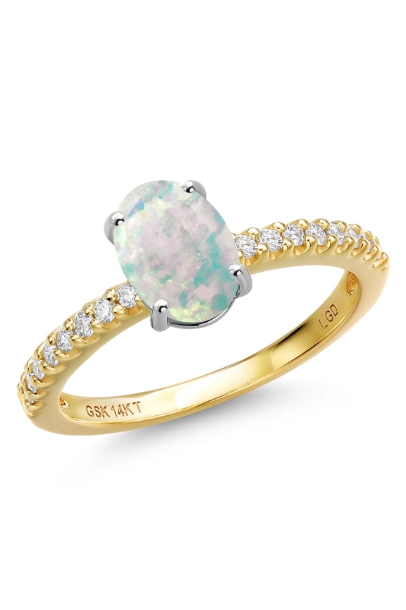14K Two Tone Gold Simulated White Opal and Lab Grown Diamond Engagement Ring for Women | 1.16 Cttw | Oval Cabochon 8X6MM | Gemstone October Birthstone | Size 6