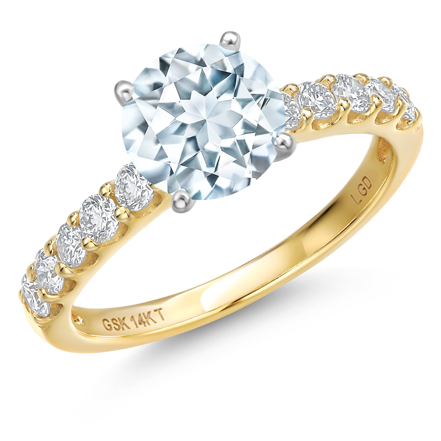 Gem Stone King 14K Two Tone Gold Sky Blue Aquamarine and Lab Grown Diamond Engagement Ring for Women | 1.13 Cttw | Round 6MM | Gemstone March Birthstone | Size 8