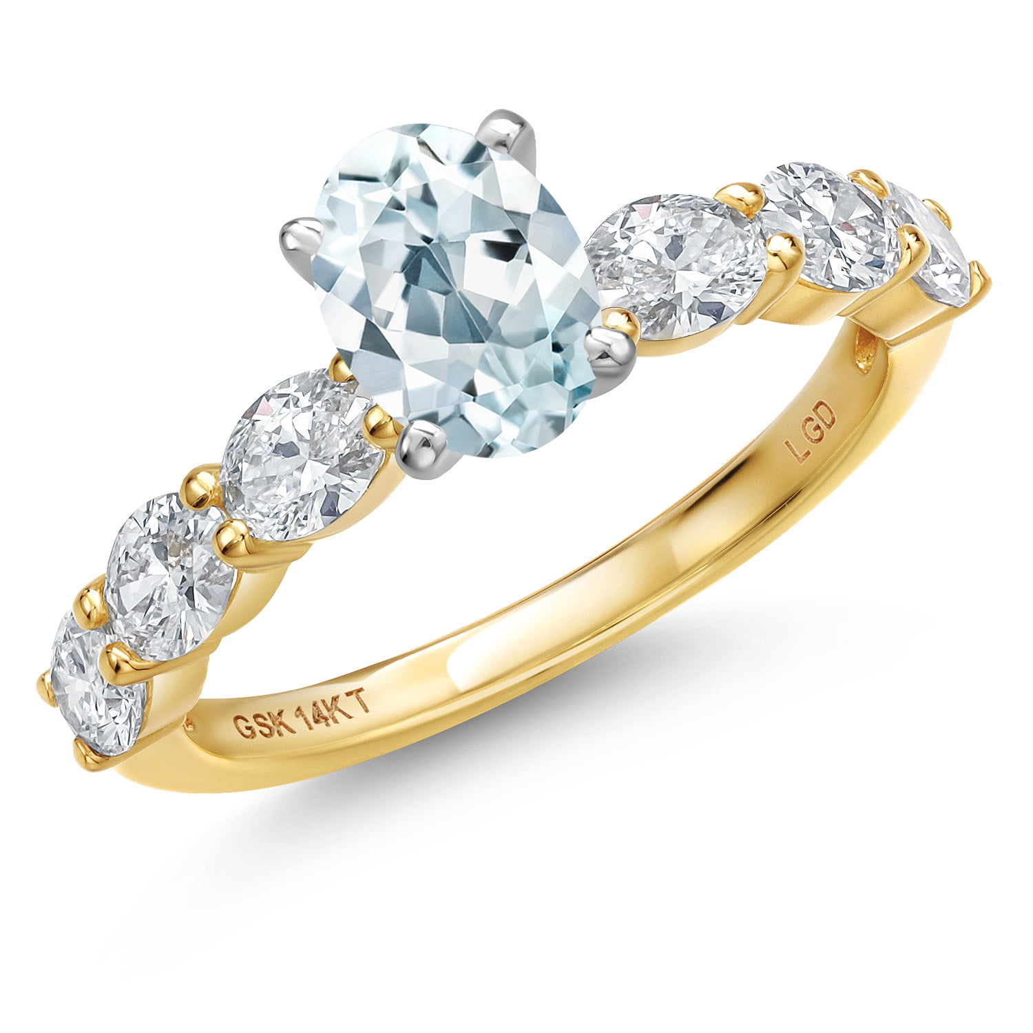 Gem Stone King 14K Two Tone Gold Sky Blue Aquamarine and Lab Grown Diamond Engagement Ring for Women | 1.65 Cttw | Oval 7X5MM | Gemstone March Birthstone | Size 5