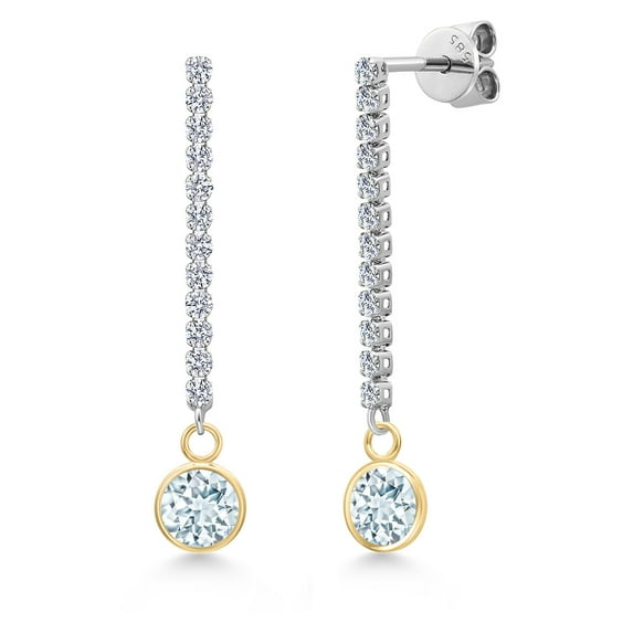 Gem Stone King 14K Two Tone Gold Sky Blue Aquamarine and Lab Grown Diamond Long Liner Dangle Earrings for Women | 1.86 Cttw | Gemstone March Birthstone | Round 6MM