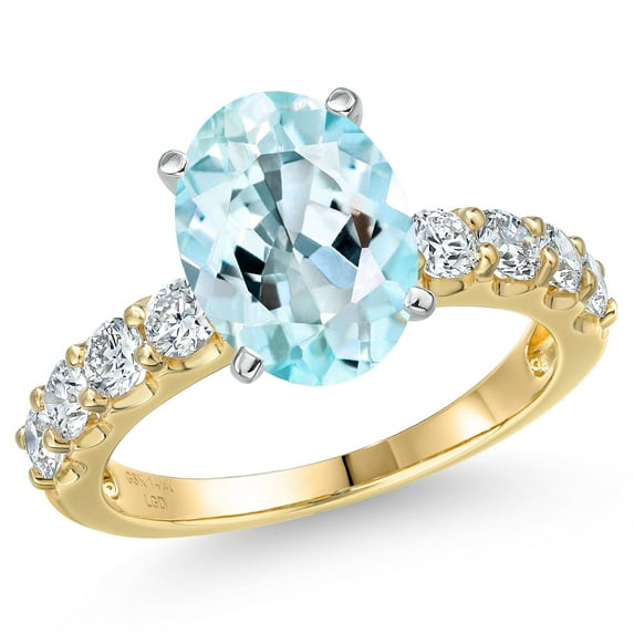 Gem Stone King 14K Two Tone Gold Sky Blue Topaz and Lab Grown Diamond Engagement Ring for Women | 5.38 Cttw | Oval 11X9MM | Gemstone November Birthstone | Size 7