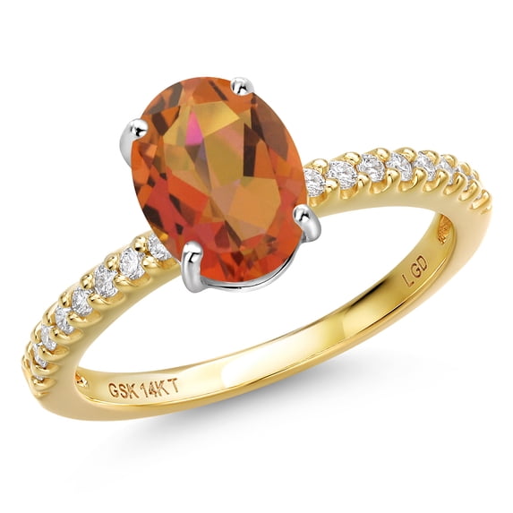 Gem Stone King 14K Two Tone Gold Twilight Orange Mystic Quartz and Lab Grown Diamond Engagement Ring for Women | 1.96 Cttw | Oval 9X7MM | Gemstone Birthstone | Size 8